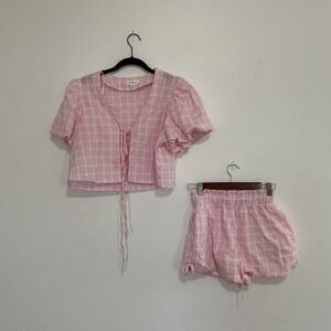 MABLE Pink White Gingham Check Puff Sleeve Crop Top Shorts Set Women's‎ Size S